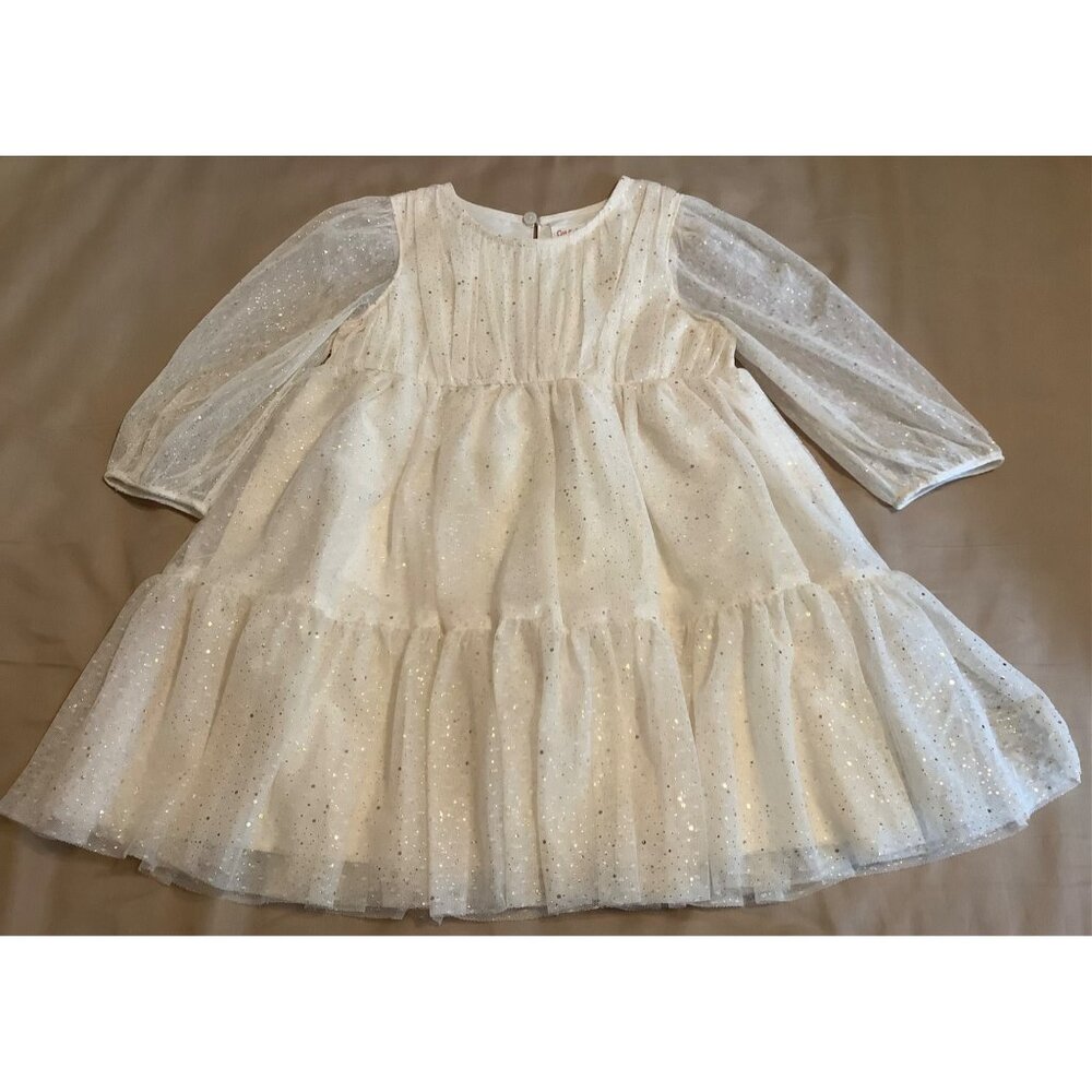 Cat & Jack Girls 5T White Sparkly Long Sleeve Party Dress  Gold Glitter Stars